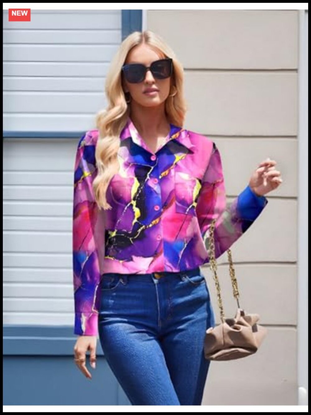 Women's Floral Button-Down Shirt Long Sleeve Work Blouse with Pockets - Picture 2 of 6